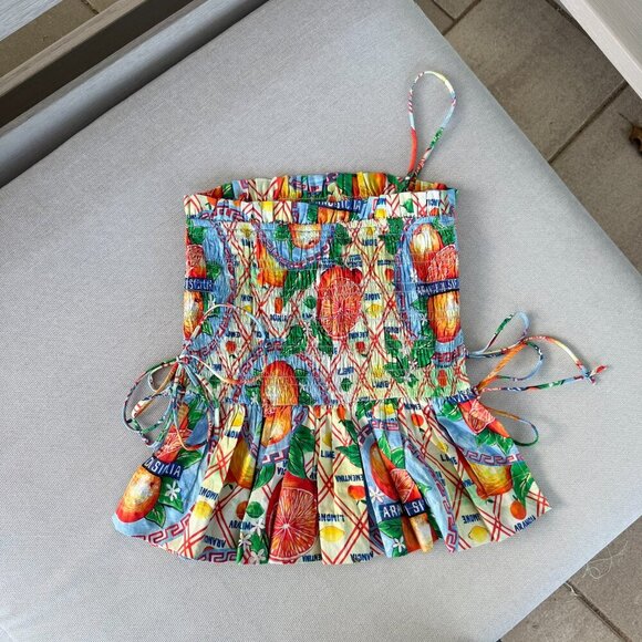 Damson Madder Marina Side-Tie Smocked Cami Top Orange Fruit Print 8 - Picture 11 of 14